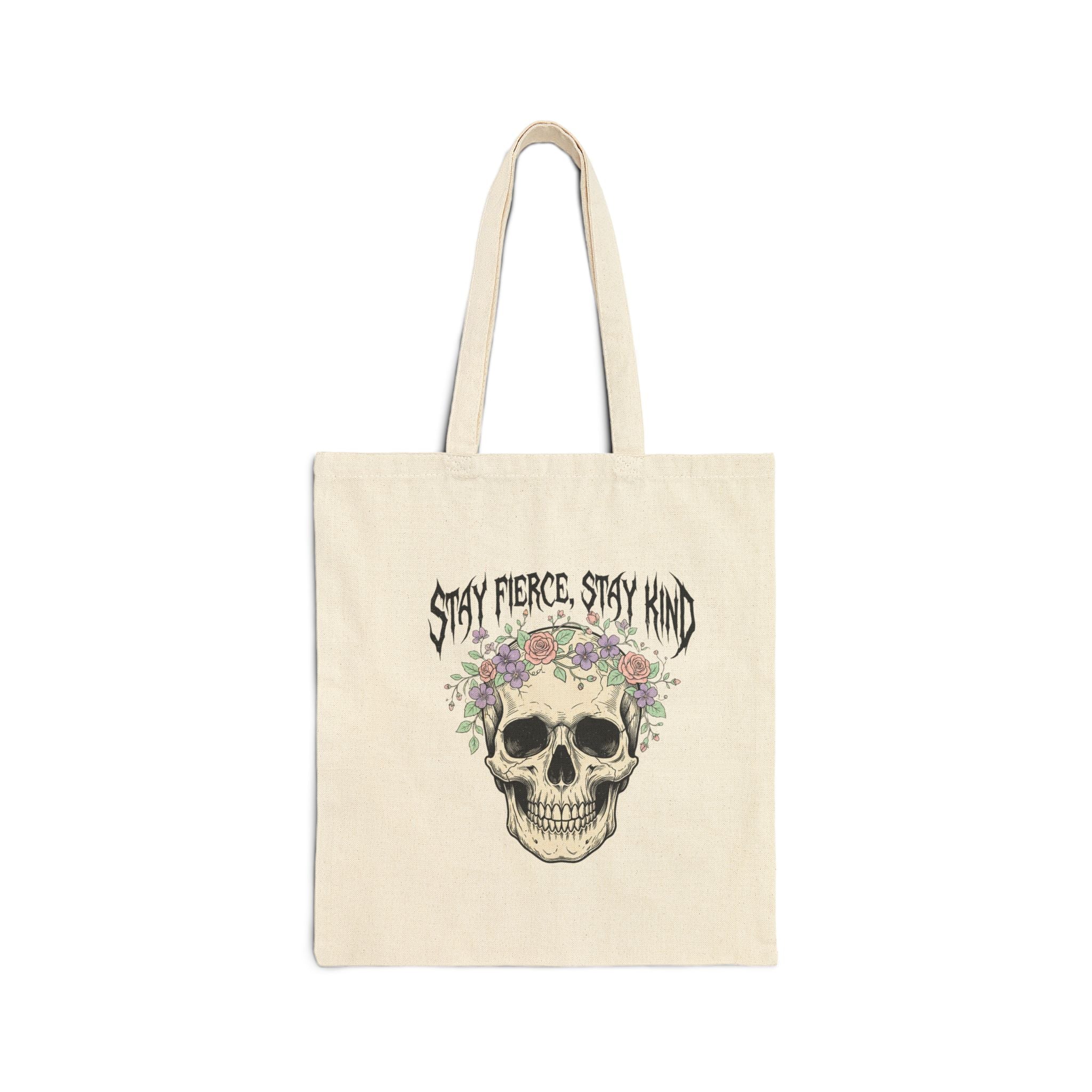 Stay Fierce Stay Kind Skull Tote | gothic wellness quote, metal font merch