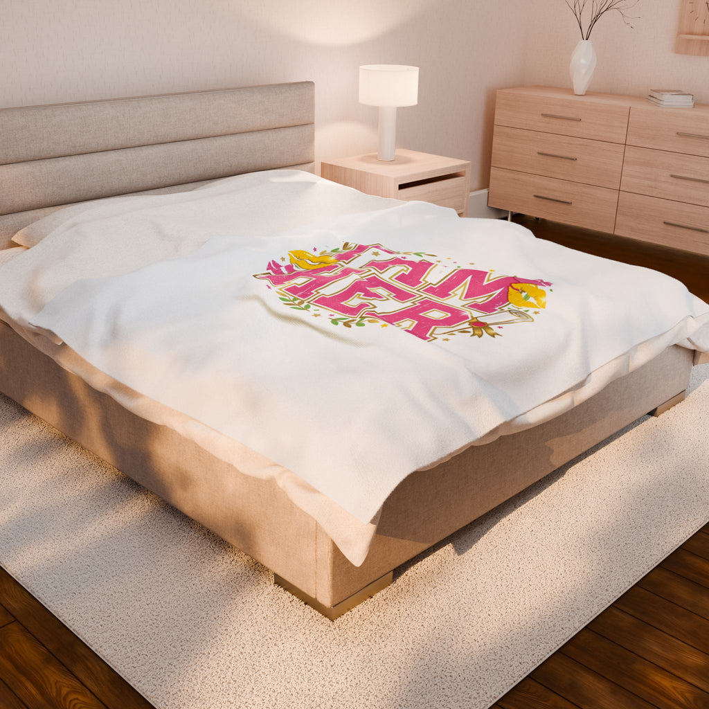 I AM HER Velveteen Plush Blanket | varsity crest, playful vintage-year vibe