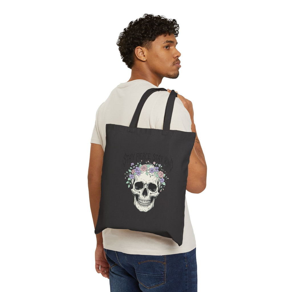 Stay Fierce Stay Kind Skull Tote | gothic wellness quote, metal font merch