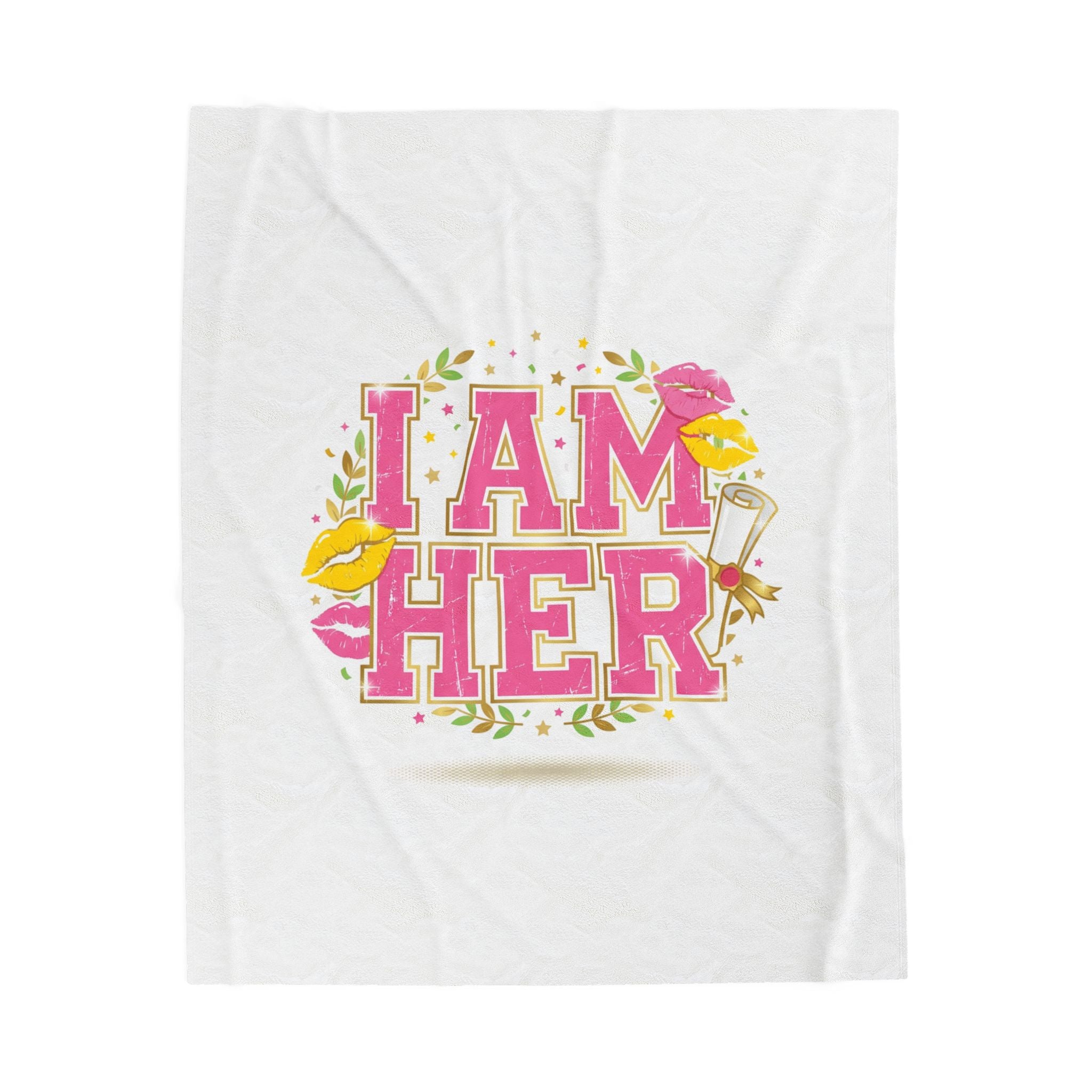 I AM HER Velveteen Plush Blanket | varsity crest, playful vintage-year vibe