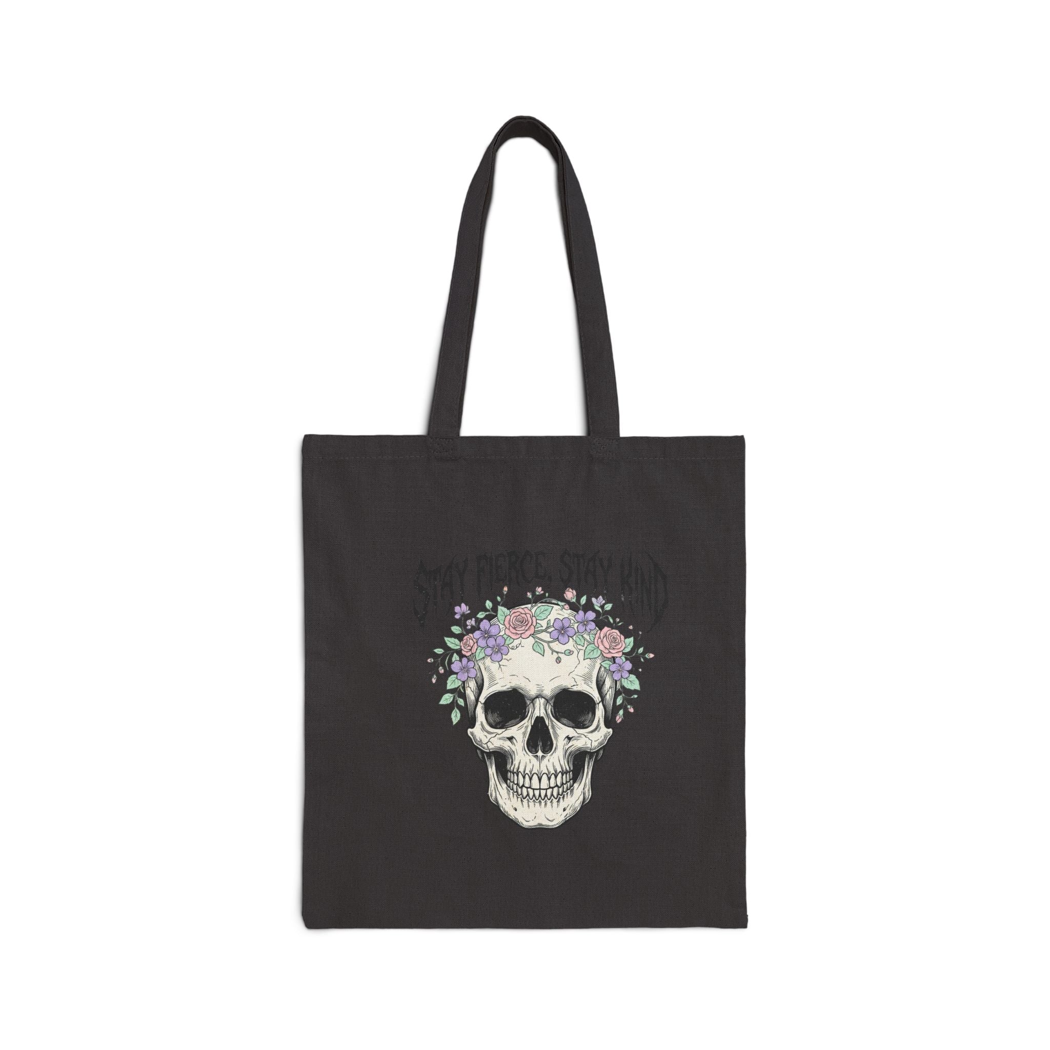 Stay Fierce Stay Kind Skull Tote | gothic wellness quote, metal font merch
