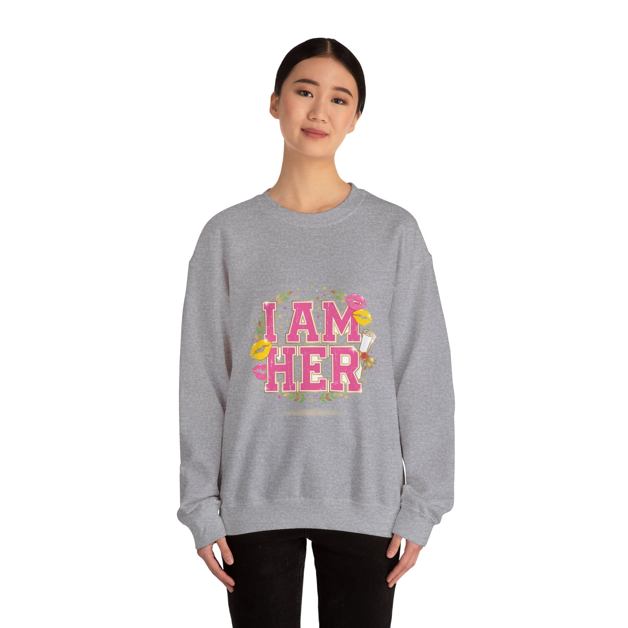 I Am Her sweatshirt | vintage year varsity crest, midlife humor