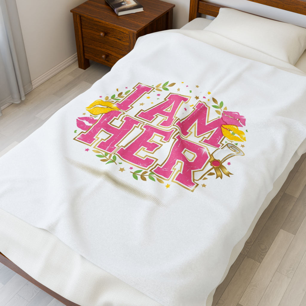 I AM HER Velveteen Plush Blanket | varsity crest, playful vintage-year vibe