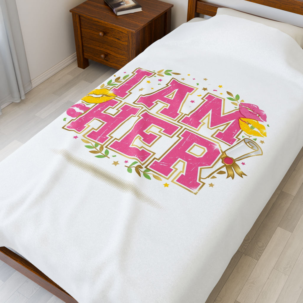 I AM HER Velveteen Plush Blanket | varsity crest, playful vintage-year vibe