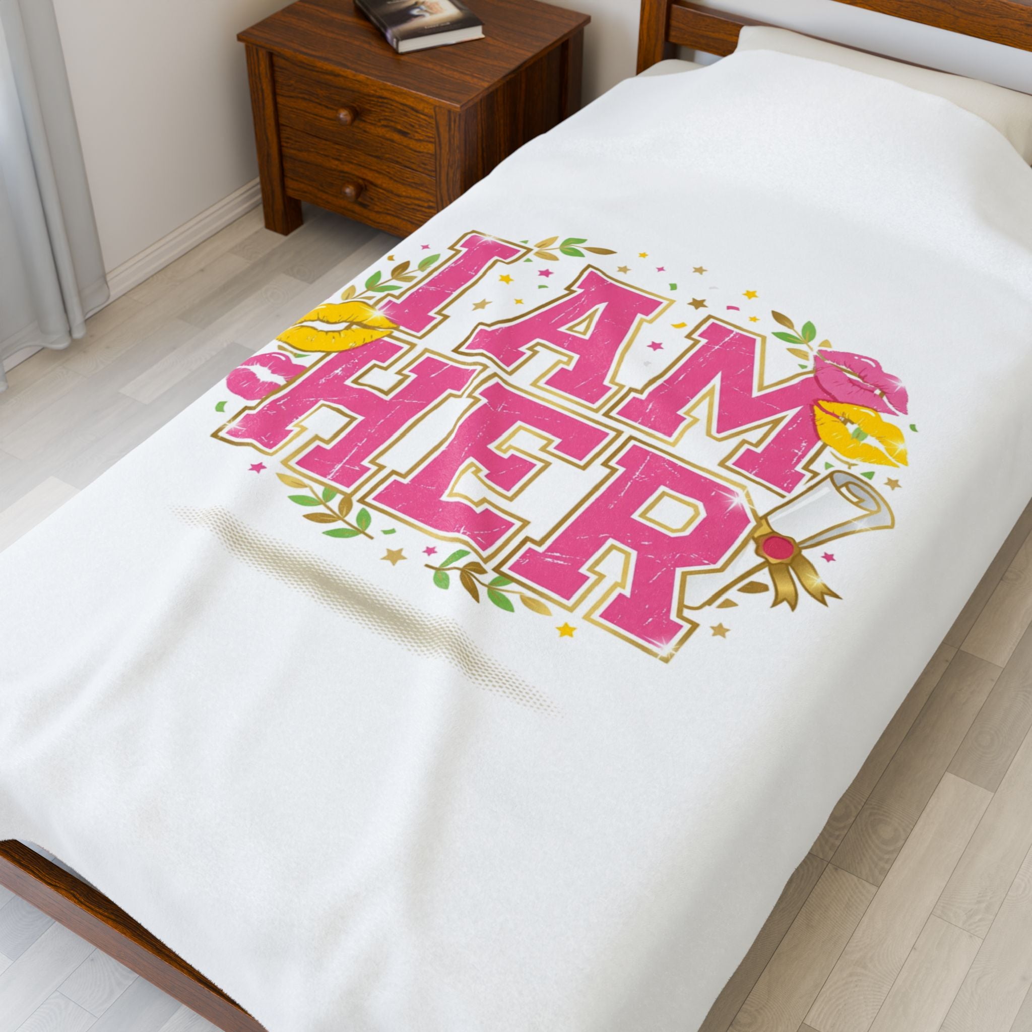 I AM HER Velveteen Plush Blanket | varsity crest, playful vintage-year vibe