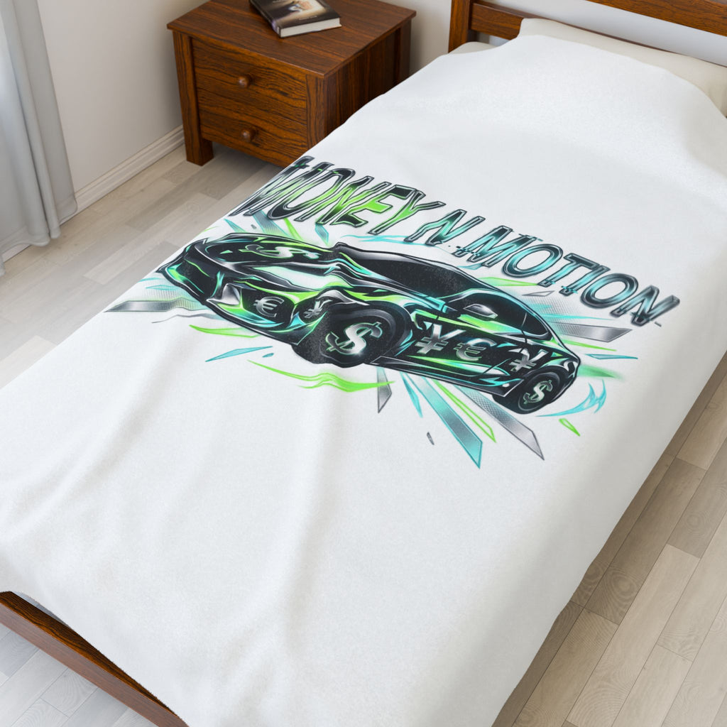 Money in Motion velveteen plush blanket | kinetic typography, melting letters, neon chrome