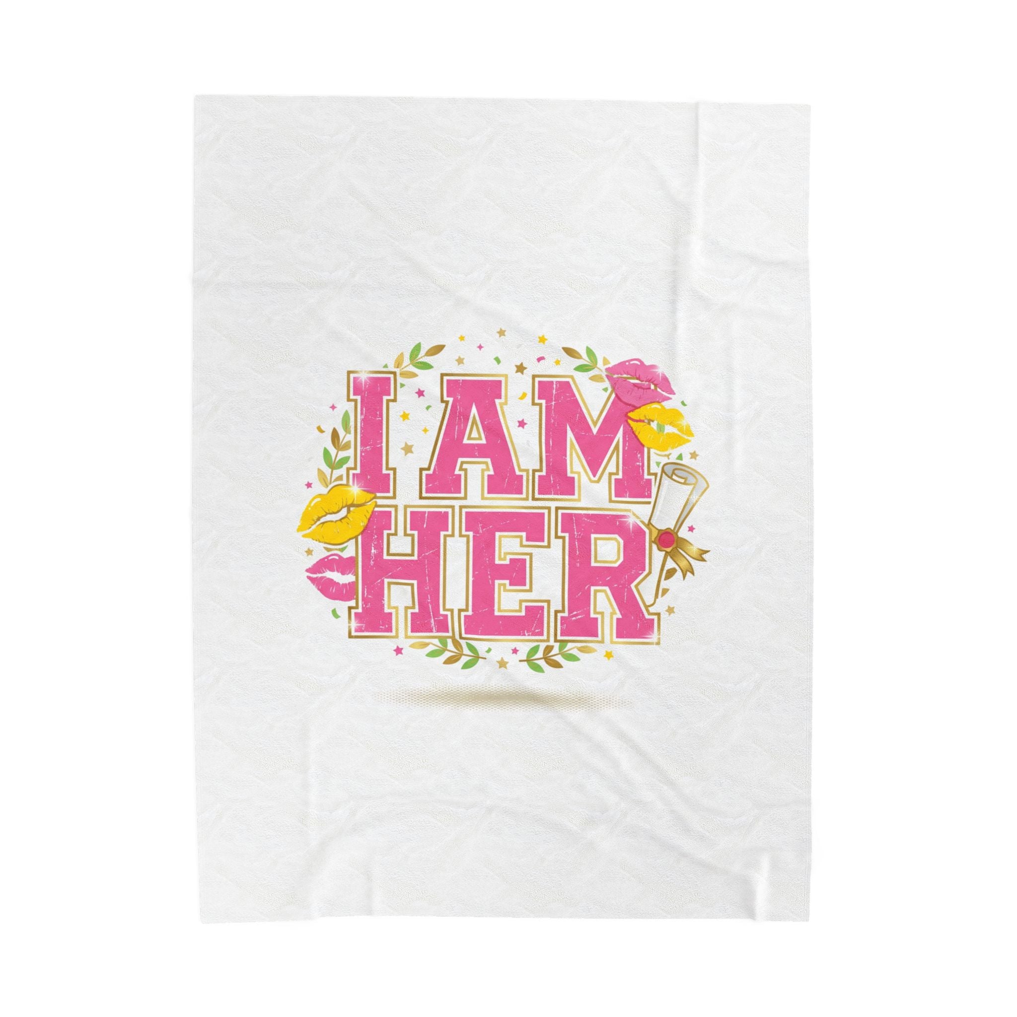 I AM HER Velveteen Plush Blanket | varsity crest, playful vintage-year vibe