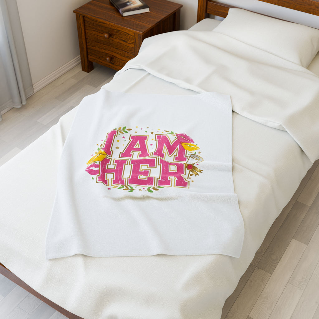 I AM HER Velveteen Plush Blanket | varsity crest, playful vintage-year vibe